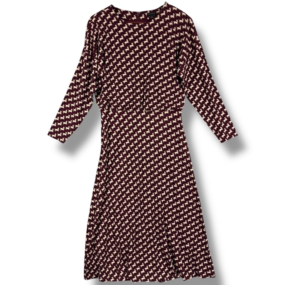 Ann Taylor Horse Print Blouson Midi Dress Burgundy Smoked Garnet Size 8